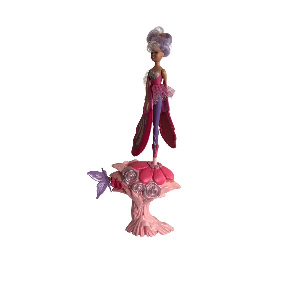 Vintage Sky Dancers Flying Doll Purple Hair Pink Wings with Flower Launcher Base